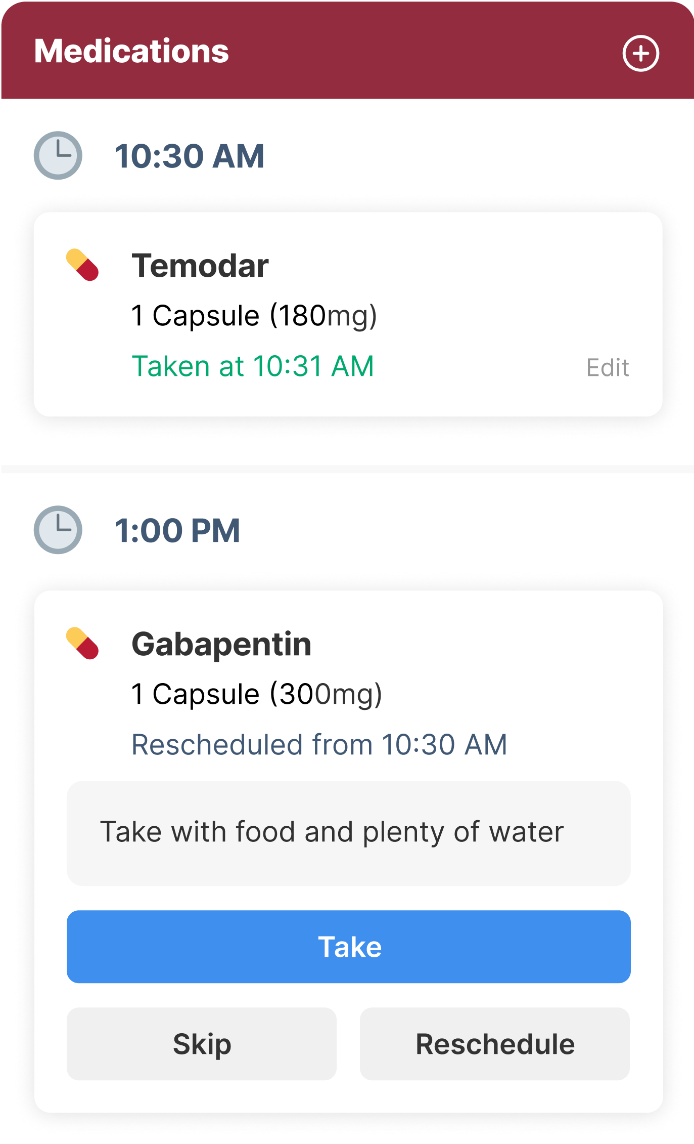 Screen shot of Jasper's mobile app; medication tracking