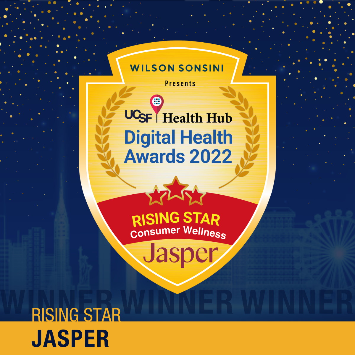 Rising Star gold logo; Wilson Sonsini presents UCSF Health Hub Digital Health Award 2022; Rising Star Consumer Wellness Jasper