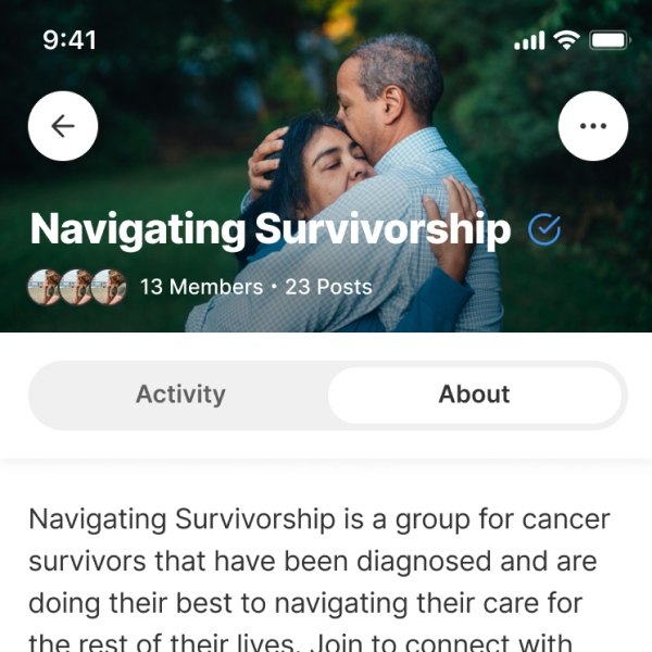Screen shot of Jasper Community app navigating survivorship