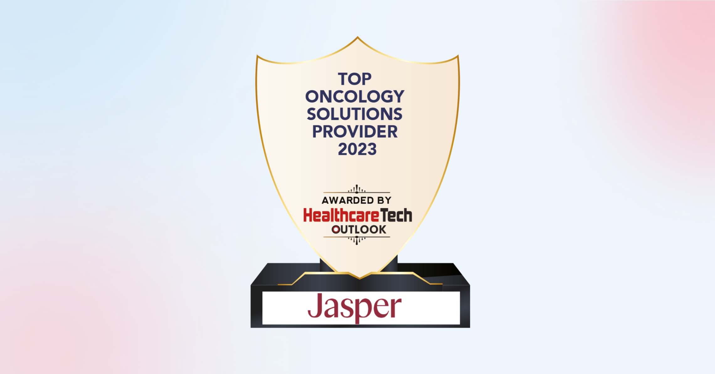 Top Oncology Solutions Provider 2023 award with Award by Healthcare Tech Outlook subtext; Jasper logo